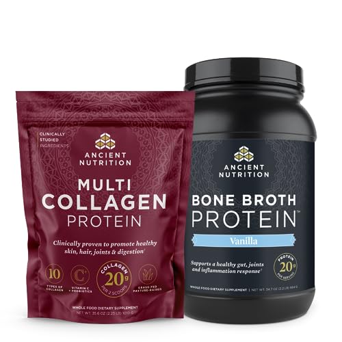 Ancient Nutrition Multi Collagen Protein Powder, Unflavored, 100 Servings + Bone Broth Protein Powder, Vanilla, 40 Servings - image 1