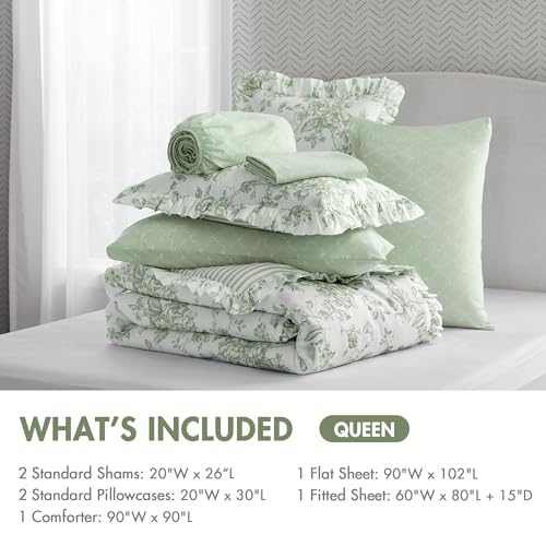 Image of Madison Park Essentials Adele Green Floral Queen Size Comforter Set - Vintage Bed in a Bag with Sheets, Reversible Ruffle Bedding, Elegant Gift for Her
