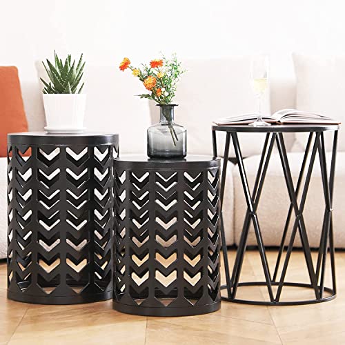 Y&M Nesting Side Table, Set Of 3 Stacking Coffee Table For Living Room, Indoor End Tables, Outdoor Decorative Garden Stool With Heavy Duty Metal Frame Modern Industrial Decor - Pure Black #TOP7