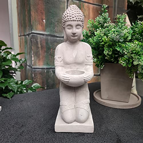 Kante 12.8" H Cement Composite Buddha Statue Tealight Candle Holder Ornament, Natural Concrete Indoor/Outdoor Tabletop Décor #TOP2