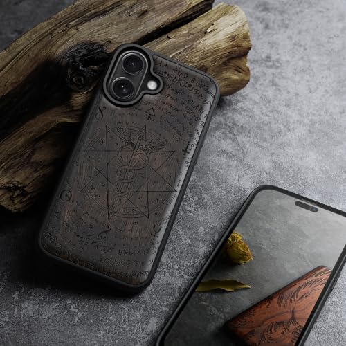 Coque iPhone 17 Magsafe en bois sombre sculpté Caducée chic - 4