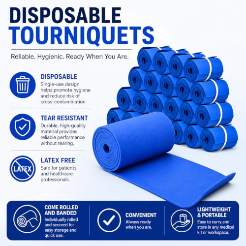 Image of Vakly Disposable Tourniquet 1 inch x 18 inch [Pack of 25] Blue - Rolled & Banded Single-Use Elastic Latex-Free Tear-Resistant First Aid Tourniquets for Emergency & Home Use - Nursing Supplies