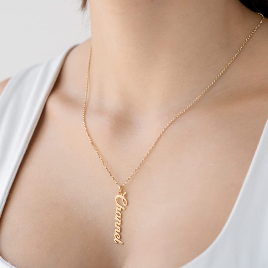 Colgante Personalizado con Nombre - Plata de Ley 925/1000 para Mujer – Collar Artesanal con Cadena Ajustable - Hecho en España (Modelo Vertical Oro, Plata de Ley)