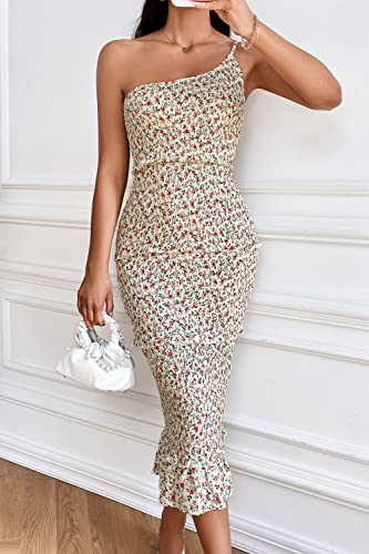 Prettygarden Women's Summer Midi Bodycon Dresses One Shoulder Strappy Tiered Ruffle Floral Boho Sun Dress (Beige Floral,Small) #TOP2