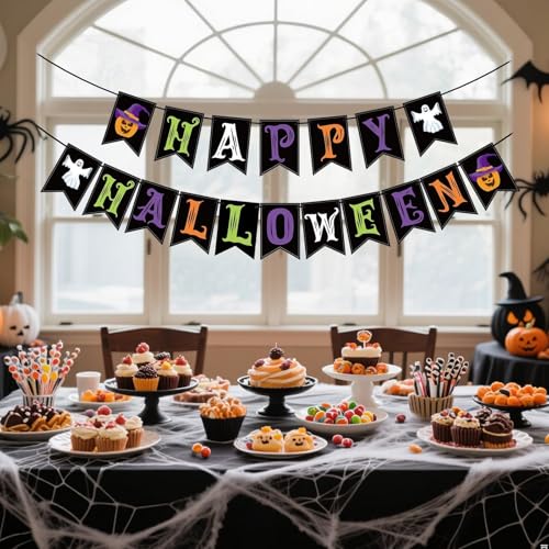 Image of OLANRUN Halloween Decorations Indoor for Party, Happy Halloween Banner Decor, Scary Hanging Banner with Pumpkin Ghost Decorations for Office Home Room Mantel Bedroom Wall, Pre-Assembled