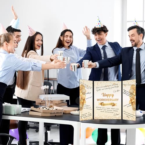 Image of DARUNAXY Black Gold Happy Workiversary Party Decorations, Happy Work Anniversary Alternative Signature Guest Book for Men Women Employee Business Gifts Signing Card Board for Office Supplies
