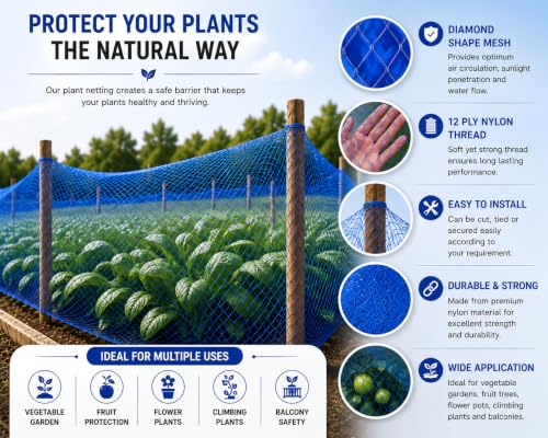 Image of 12 Ply Plant Netting 50 mm Mesh - Heavy Duty Garden Support Net, UV Resistant Trellis Net for Vegetables, Climbing Plants & Creepers (Blue, 10 X 50 FT)