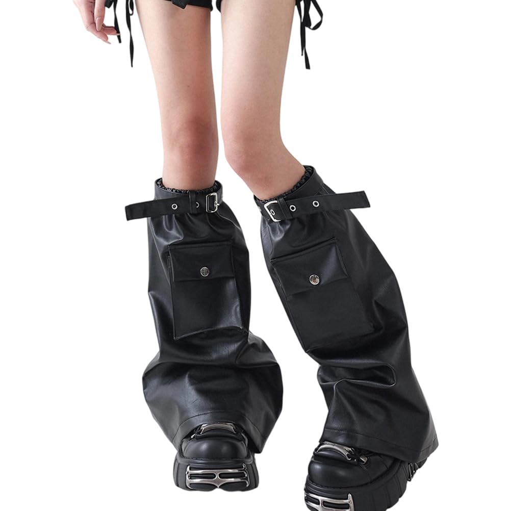 Gothic Leg Warmers for Women Black PU Leather Pocket Flared Leg Cover Halloween Socks