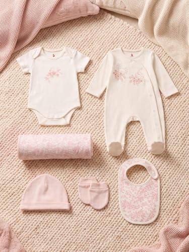 Image of 6 Pcs Clothing Gift Set with Box, 100% Cotton Soft & Breathable 6-Piece Layette Set with Bodysuit, Romper, Bib, Cap, Mittens & Swaddle, 0-12 Months, All-Season Wear