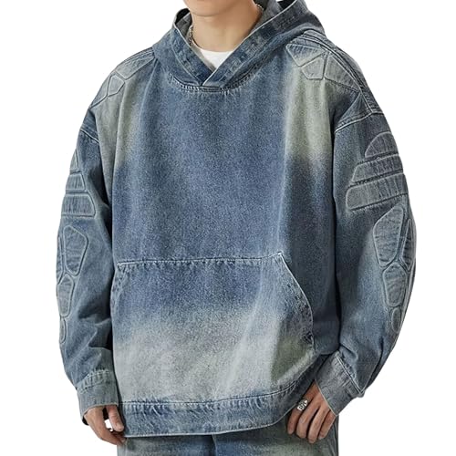 chouyatou Men's Vintage Denim Pullover Hoodie Jacket Distressed Hooded Oversized Jean Jacket Sweatshirt Tops