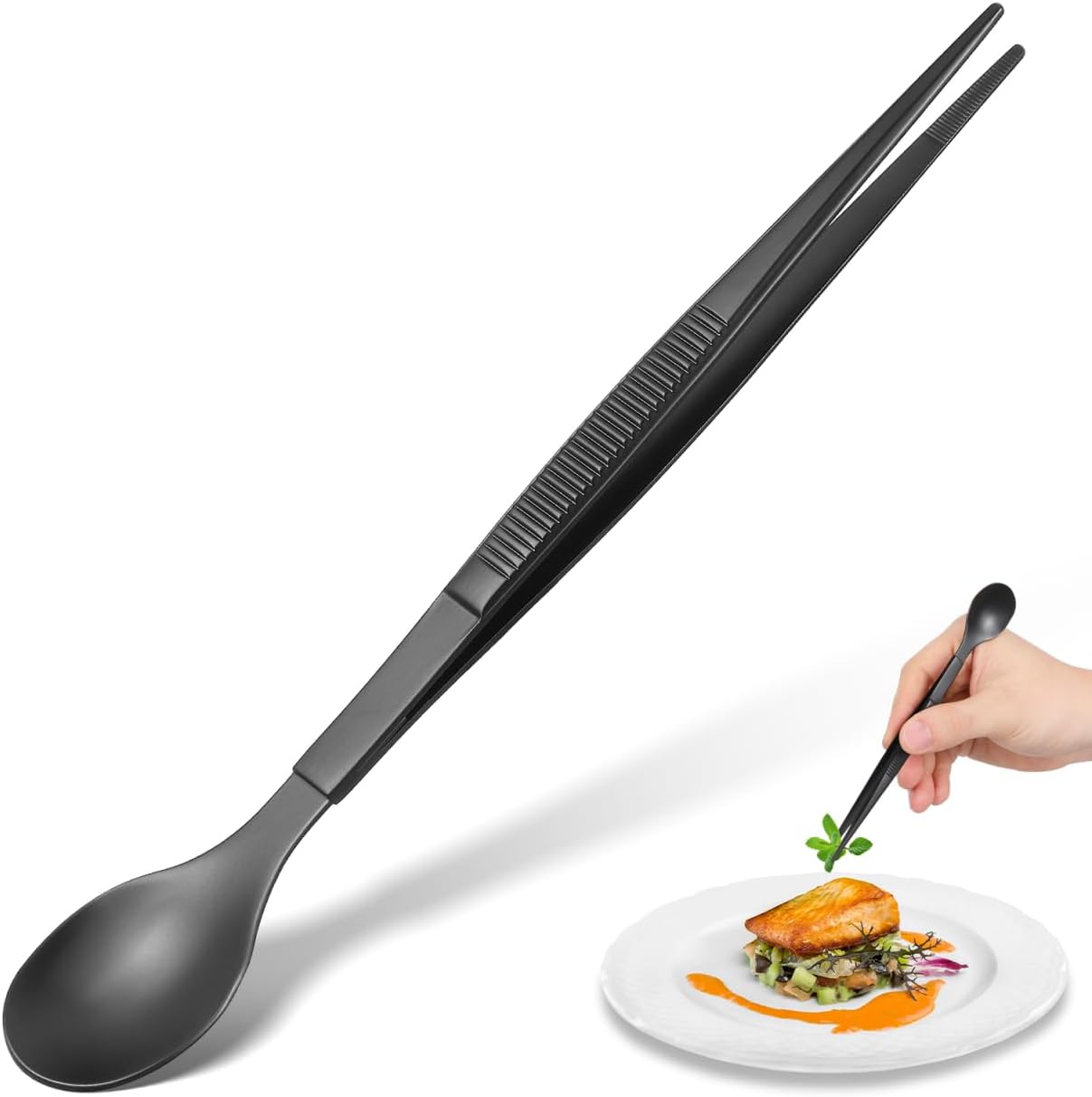 Tasting Spoon with Tweezer for Kitchen Cooking, 2 in 1 Stainless Steel Chef Spoon Serving Tongs, Professional Chef Tool for Cooking Plating Buffet Banquet Barbecue Grilling Appetizer, Black