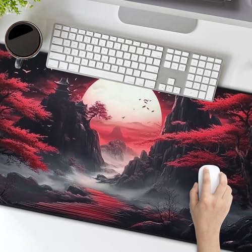 Image of Black Red Japanese Mouse Pad XL Moon Sakura Cherry BLoosm Tree Extended Table Mat 80X30 cm Non-Slip Rubber Base Stitched Edge Large XL Mousepad for Desk Gaming Laptop Desk Top,31.5x11.8 Inch