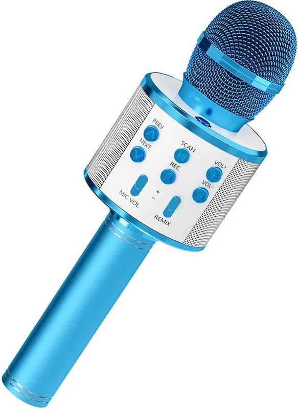 Wireless Bluetooth Karaoke Microphone for Kids, 5-in-1 Portable Handheld Karaoke Mic Speaker Player Recorder with Adjustable Remix for Kids Girls Boys Teens Birthday (Blue)