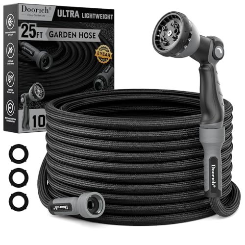 Doorich Garden Hose Flexible Ultra Lightweight Durable Kink-Free Water Hose with 10 Function Sprayer - Non-Shrinking Easy to Store All-Weather High-Pressure Black (25 FT)
