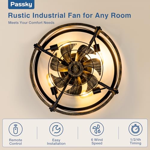 Image of Passky 20 inch Farmhouse Flush Mount Ceiling Fans with Lights and Remote, Industrial Black Caged Low Profile Fandelier, 6 Speeds Bladeless Ceiling Fan for Bedroom, Kitchen, Living Room