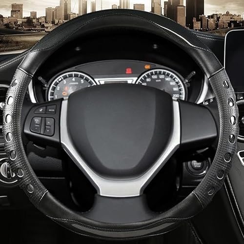 Image of NIKAVI Car Fashion Steering Wheel Cover - Black Color | Size - Medium | Diameter 38 cm | O-Type | Car Steering Wheel Protector, Anti-Slip, Stylish Leather Finish Grip Cover for Round Steering Wheels