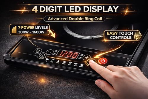 Image of 1600W Induction Cooktop with 4-Digit LED Display | Double Ring Coil Heating | Microcrystalline Glass Top | 240 Min Timer | 6 Cooking Modes | 7 Power Levels | Auto Cut-Off Safety | 1 Year Warranty