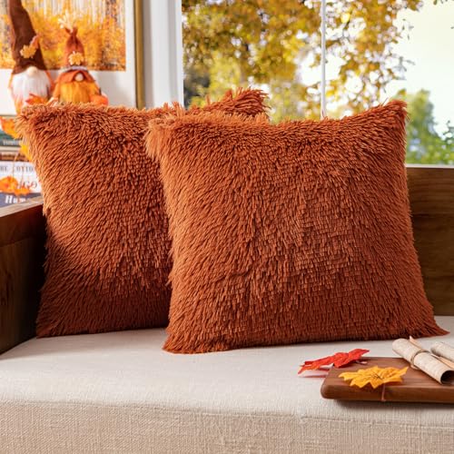 MIULEE Set of 2 Fall Luxury Faux Fur Throw Pillow Covers Deluxe Decorative Plush Pillow Case Cushion Cover Shell for Sofa Bedroom Car 18x18 Inch Burnt Orange