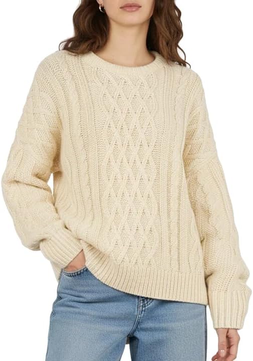 Buauty Women's Oversized Chunky Cable Knit Crewneck Sweater Fall Winter Long Sleeve Casual Pullover Tops Daily Outfits