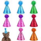 ADLABLD 10 Stück Mini Partyhüte für Kuscheltiere,Bunt Party Kegel Hat,Partyhüte für Kuscheltiere mit Glitzer Pompons,Kleine Partyhut mit Verstellbarem Riemen Tiere,Kinder und Plüsch-Teddys