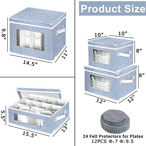 Homyfort China Storage Containers For Mug, Stemware Storage And Plates, China Dishes Coffee Tea Cups Mugs Wine Glasses Transport, Hard Shell And Stackable, Includes 24 Felt Protectors Set Of 4 (Blue) #TOP4