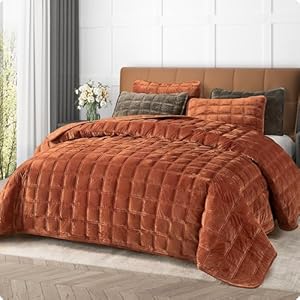 Fleeco 92” x 96” Velvet Quilt Set Queen Size, Luxury Velvet Comforter Oversized Bedding Set, Ultra Soft Bedspread Coverlet with 2 Matching Shams, for All Seasons, Burnt Orange