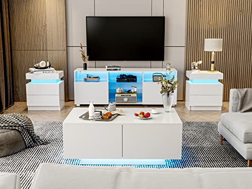 Ikifly Modern Led End Table Set Of 2, White High Glossy Nightstand With 2 Drawers And Storage Cabinet, Sidetable For Living Room Bedroom Furniture #TOP2