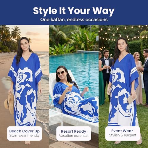 Image of Oussum Women Plus Size Dresses Kimono Caftan Maxi Dress Floral Polyester Long Mumu House Beach Cover Up 1X-3X Summer Wear