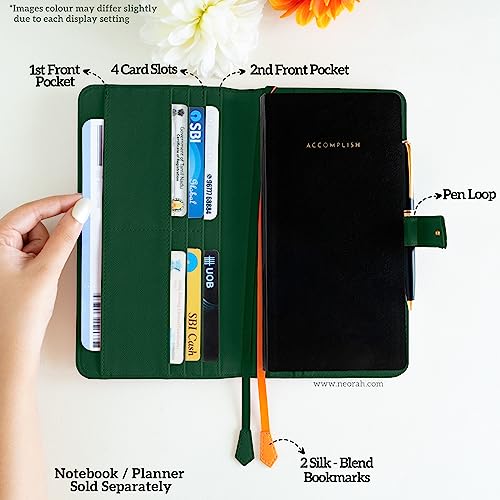Image of NEORAH- PETITE Notebook SLEEVE with SNAP Button -[SLEEVE ONLY]|Vegan Leather|Office Diary Holder with Penloop|2 Front & 1 Back Pocket|4 Card Slots|2 BookMarks -Fits any PETITE Softcover - DARK GREEN