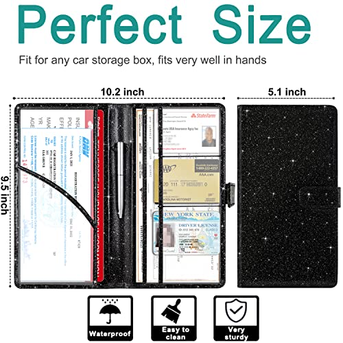 Rsaquar Car Registration And Insurance Holder, Leather Glove Box Organizer Cool Car Accessories, Car Document Holder For Cards, Driver's License And Essential Document, Black Glitter #TOP2