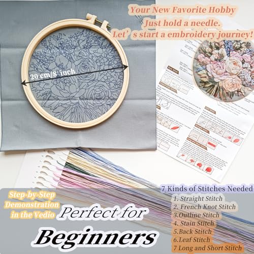 Image of FONNUY Bouquet Flowers Embroidery Kit for Beginners, Pre-Stamped Pattern Kits for Adults with Hoop, Easy to Follow Color Thread Needlework, 8'' Hoop (Heartwarming)