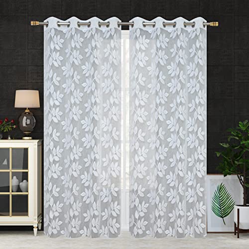 Image of Net Transparent Window Curtain Drapes 5Ft 1 Piece | Sheer Curtain Drapes for Living Room Bedroom Kitchen Balcony | Tissue Light Filtering Panels for Home Office, 4x5 Feet, White Leaves