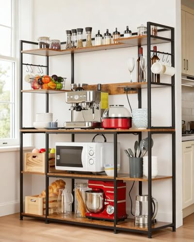 Industrial Kitchen Bakers Rack with Power Outlets, 5-Tier Microwave Stand with 2 AC Outlets, USB & Type-C Ports, 6 S-Hooks Kitchen Shelf Coffee Bar Station , 55.12' x 13.78' x 66.9“ Rustic Brown