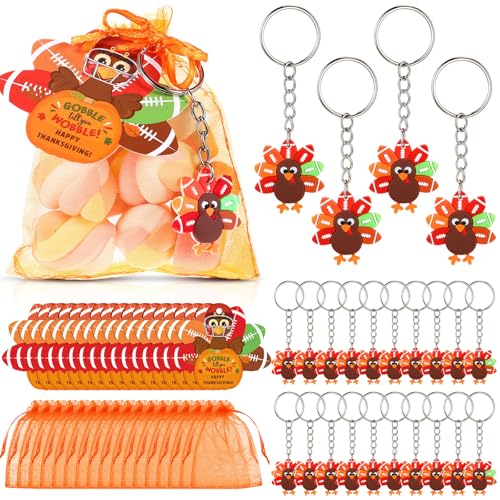 Huquary 24 Set Thanksgiving Keychain Football Turkey Keychains for Thanksgiving Goodie Bags Gifts & Organza Bags & Card for Football Key Chain Reward Gift Party Stuffers Gift