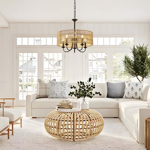 Webfkh 7057-5BK Modern Farmhouse Rattan Chandelier,5-Lights Large Boho Pendant Light Fixtures Ceiling thumb #1