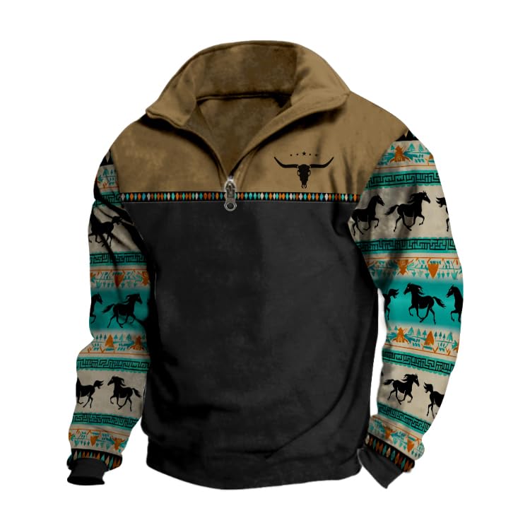 ZOCANIA Western Sweatshirts Mens Aztec Henley Shirts Long Sleeve 1/4 Zip Fleece Jacket Cowboy Western Aztec Casual Pullover