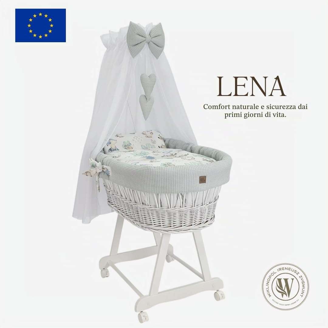 Wiklinopol Cestino Moses con baldacchino Lena – Culla in vimini con struttura – Cestino bianco, set completo con biancheria a nido d’ape 5 pz. Riccio & amici bianco – Con ruote, portatile, sicuro