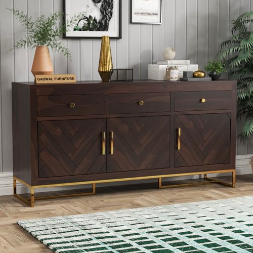 Image of Solid Sheesham Wooden Sideboard Cabinet with 3 Drawer & 3 Shelves - Chest of Drawers Wooden Drawer Storage Cabinet for Bedroom Living Room Storage (Walnut Finish)