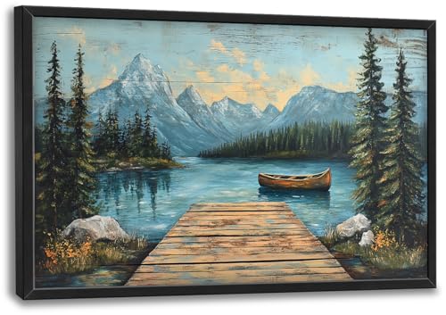 Rustic Lake Large Wall Art Forest Mountain Pictures Wall Decor Nature Landscape Big Canvas Painting Prints Framed Artwork Home Decorations Above Bed for Bedroom Living Room Dining Room 36"x24"