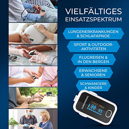 GRUNDIG Pulsoximeter Sauerstoffsättigung Oximeter TESTSIEGER - Hochpräzises Fingeroximeter Messgerät zur genauen Messung der Sauerstoff Sättigung im Blut - Finger Messgerät Pulsmesser (w)