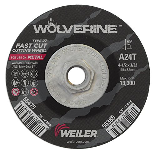 Image of Weiler 56385 4-1 /2 Inch Cutting Wheel, Wolverine AO Steel /Metal Fast Cutting, 3 /32 inch A24T Type 27 5 /8 inch-11 Hub, Pack of 10