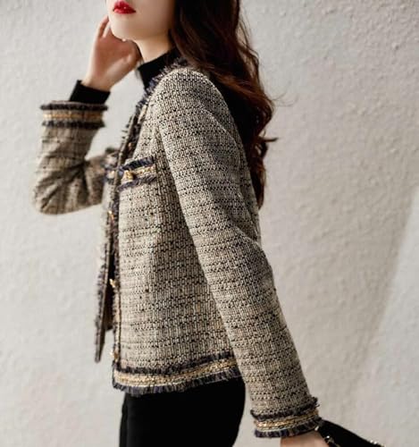 Image of Women's Fashion Tweed Jackets Button Down Cropped Short Cardigan Open Front Long Sleeve Casual Outerwear Sweaters