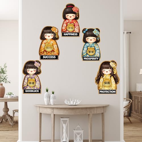 Image of GENXTRA Set of 5 Japanese Lucky Doll Wooden Wall Decor | Kawaii Anime Style MDF Hanging Art for Home, Bedroom, Living Room & Office | Prosperity, Happiness, Protection, Success & Good Luck Theme