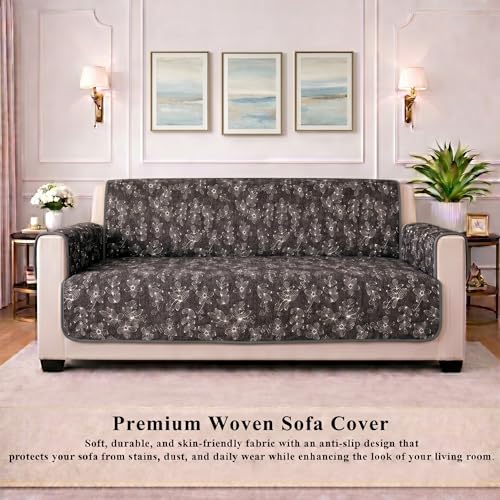 Image of STITCHNEST 'Opulence Series' Floral Woven Sofa Cover for 3 Seater | Premium Soft Fabric Sofa Protector | Black Floral Pattern with Armrest Pockets | Durable Living Room Furniture Cover