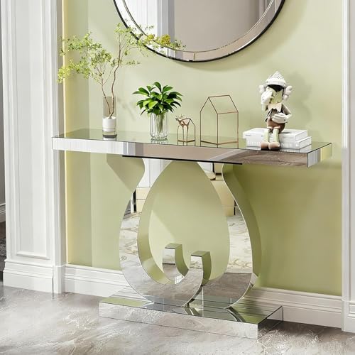 Silver Glam Console Entryway Table with Mirrored Geometric Base 39.5 Inch Mirrored Sofa Table Behind Couch Modern Bling Rectangular Glass Entry Entrance Foyer Hallway Tables for Living Room