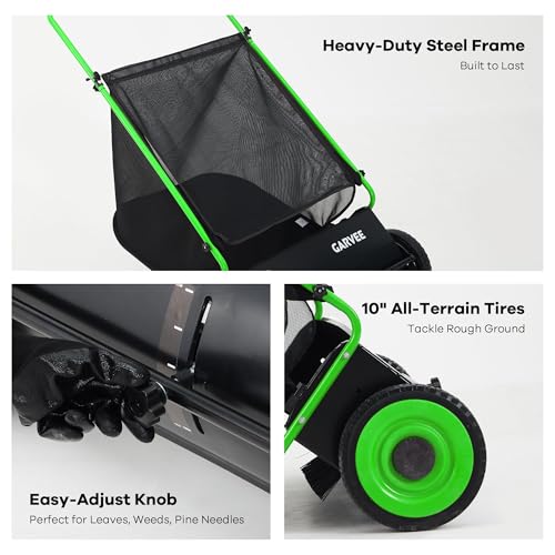 Push Lawn Sweeper, 26 in Leaf & Grass Collector with 7 cu. ft. Hopper Bag, Heavy Duty Yard Sweeper with Clear Dust Cover & Large Collection Bag for Lawn Yard Cleanup by Garvee - Used condition - Image 2