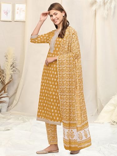 Image of MIRCHI FASHION Pure Cotton Straight Kurta Set with Dupatta | 3 Piece Ethnic Kurta Pant Set Office Wear Salwar Kurta Set for Women