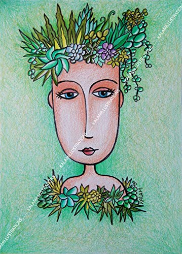 Karine Lamouroux - Dessin original : Femme coiffée de succulentes