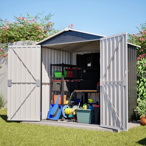 Jaxenor Gartenhaus Metall 185x142x185cm, Garten Geräteschuppen Metall mit Klapptür, Gartenschrank Wasserdicht für Outdoor Terrasse, Gerätehaus, Grau