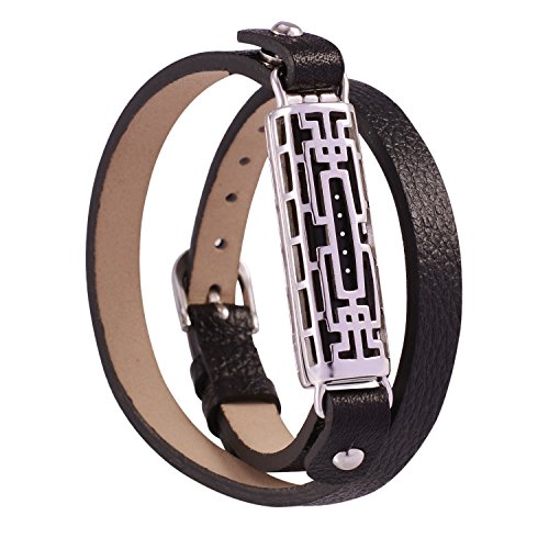 GHIJKL Compatible Fitbit Flex 2 Bands, Metal and Genuine Leather Wristband for Fitbit Flex 2, Flex2 Strap Style (Silver Color Metal/Black Leather)